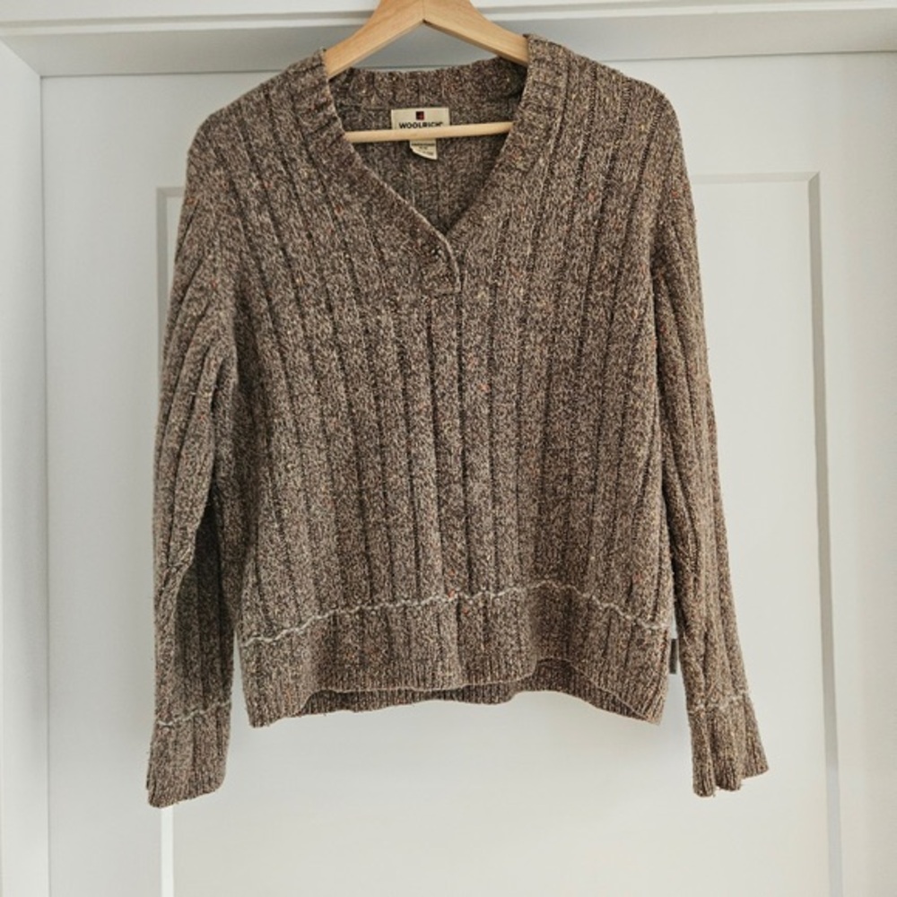 Woolrich Women's Marled Taupe Ribbed V-Neck Sweater